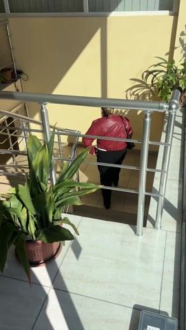 The scene depicts a woman walking down a flight of stairs in an indoor setting. She is wearing a red jacket, a white shirt, and black pants. She pauses on the staircase and turns her head, looking towards the camera. A large potted plant with long green leaves sits prominently in the foreground. The staircase features silver-colored metal railings, and the floor is tiled with cream-colored squares. Sunlight streams through a window or doorway, casting strong shadows across the walls and floor. Additional potted plants can be seen in the background.
