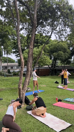 Morning park activity in Chiang Mai: yoga, gym, and basketball