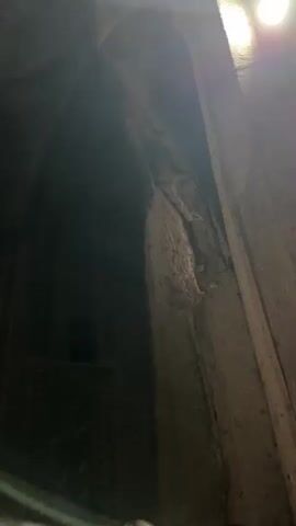 The video shows an interior view of a dimly lit, cavernous space with rough, textured walls and arched ceilings. In several shots, a circular opening or oculus is visible high up in the ceiling, allowing light to stream in. The architecture appears ancient, with carved details and patterns evident on the walls and dome. In some frames, a group of people can be seen walking or standing within the space, some wearing hats and casual clothing. One shot shows a large, intricate cross carving on a stone surface. The overall impression is of exploring an old, possibly religious, underground structure or cave.