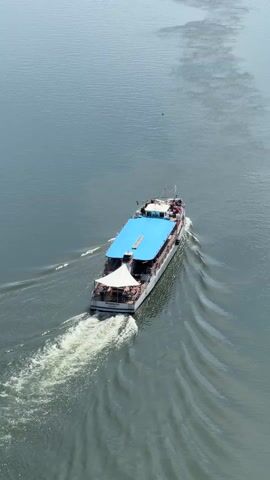 An overhead shot shows a multi-level tour boat moving along the Mosel River on a sunny day. The boat is mostly white, with a light blue covering over the upper level and a white fabric awning over the rear lower level. It is leaving a significant wake as it travels. Two birds are flying in the distance, near the boat. Green trees line the banks of the river on either side. A red channel marker is visible in the water near the left bank.