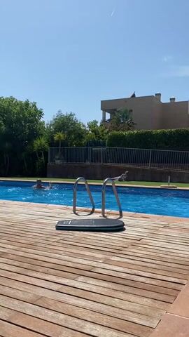 This media file captures a sunny day at a swimming pool, likely at Mas De Moregons, Spain. The scene is set with a bright blue pool surrounded by a wooden deck in the foreground. A black kickboard with teal accents rests on the deck. In the pool, two people are visible. One individual is swimming towards the left side of the frame, while another person is near the ladder, seemingly about to enter or exit the water. Further back, a young person is lying on the edge of the pool, facing away from the camera. Beyond the pool, a fence encloses a grassy area, and behind that, a multi-story building with a balcony and lush green trees are visible under a clear blue sky. The time of day appears to be midday, indicated by the bright sunlight and long shadows. The overall atmosphere suggests a leisurely, recreational activity on a warm day. There is no visible text in the media file.