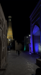Evening tourism activity documented in historic Khiva, Uzbekistan