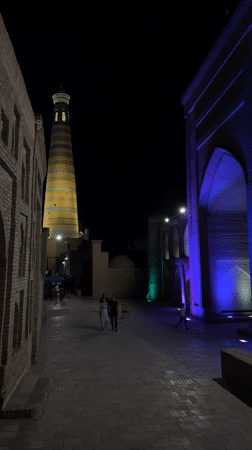 Evening tourism activity documented in historic Khiva, Uzbekistan
