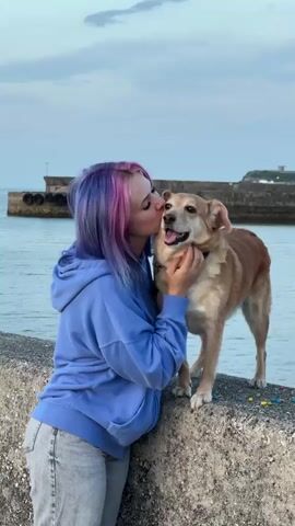 A young woman with short hair, dyed blue and pink, is standing with a light brown dog on a concrete structure, possibly a seawall or pier. The woman is wearing a light blue hooded sweatshirt and gray jeans. She kisses the dog on its face, pets it, and then hugs it. The dog stands calmly, appearing to enjoy the attention. In the background is a body of water, possibly the ocean or a bay, and a distant pier or breakwater. The sky is overcast.