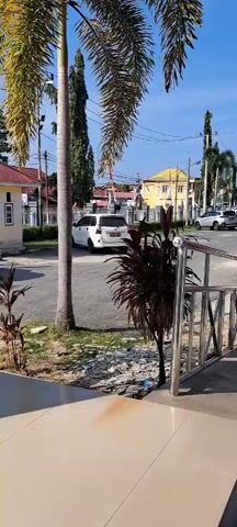 The video shows a street scene with several cars parked and driving. There are palm trees and other vegetation, as well as buildings in the background. The sky is blue and clear. The cars include a white minivan, a dark-colored pickup truck, and a silver SUV. One car, the white minivan, is parked. The pickup truck is driving past. The silver SUV is also driving past. There is a metal railing in the foreground, and a tiled floor. There is some debris on the ground near the railing.