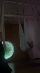 Late-night aerial yoga session recorded in Puebla studio