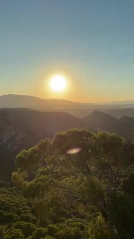 A video captures a sunset over a mountainous landscape. The sun, a bright orb, is positioned in the upper center of the frame, casting a warm glow. In the foreground, a large tree with green foliage dominates the right side of the image, its branches reaching towards the sky. The middle ground features rolling hills covered in dense green vegetation. In the background, distant mountains are silhouetted against the hazy sky, with a body of water visible between them. The sky transitions from a clear blue at the top to a soft orange and yellow near the horizon, indicative of the setting sun. The overall scene is serene and natural.