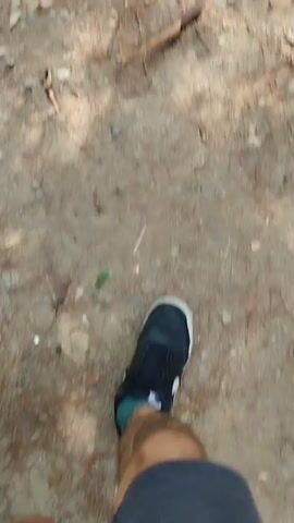 The video shows a person walking on a dirt path in a wooded area. The camera is focused on the person's lower legs and feet as they walk. The person is wearing dark shorts, dark sneakers, and teal socks. They have a tattoo on their left calf. The path is covered in dirt, small stones, and fallen leaves and twigs. In the background, there are trees with green foliage. The lighting suggests it is daytime.