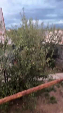 The video shows a view of a residential area with houses and trees under a cloudy sky. The scene appears to be outdoors, possibly from a balcony or window, with a rusty railing in the foreground. There is a focus on the overcast sky and the tops of trees and houses. There are no people or explicit actions depicted.