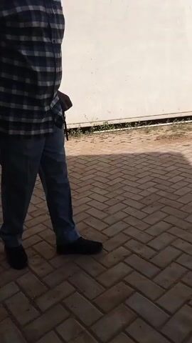 A man, seen from the side, is walking on a herringbone brick pathway with a cane. He is wearing a blue and white checkered shirt, light blue pants, and black shoes. His right hand is in his pocket. As he walks, the camera pans to the right, revealing a white container labeled "CHEREAU" and a white car parked further down the pathway. The background consists of a white wall and some vegetation.