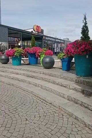 The video begins by showing a public square with cobblestone paving. Large, brightly colored flower pots filled with pink flowers are arranged on tiered steps leading up to a building. There are also several large, dark spherical objects placed between the flower pots. A shopping center with the name "PAJA" visible on a sign is in the background. The camera then pans to the left, revealing a large, heart-shaped floral art installation on a black pedestal. A sign below the installation reads "#lovekuopio". To the left of the art installation, a wooden swing set is visible with several people sitting on it. As the camera continues to pan left, it focuses on a bronze statue of a young girl standing on a circular base, surrounded by a stone platform. In the background, there are buildings with signs, including "CARLSON" and "ATLAS". The scene appears to be a well-maintained urban public space on a sunny day.