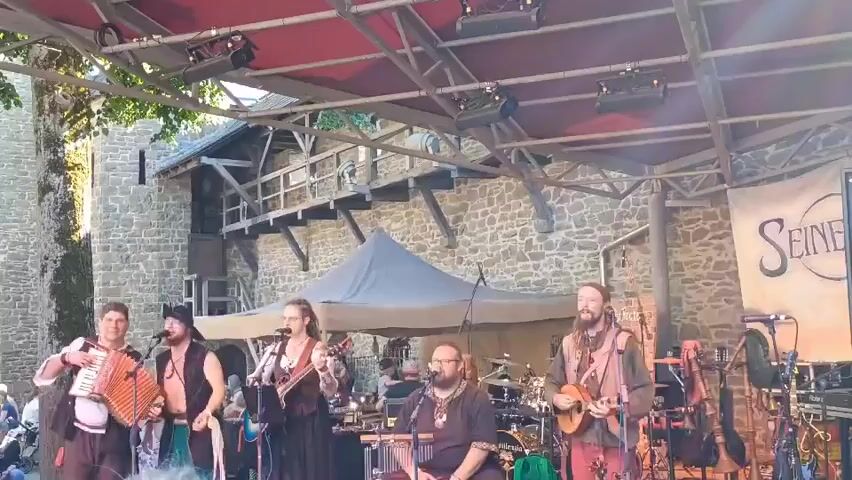 A band performs on an outdoor stage in front of a stone castle. The band consists of five members. From left to right, a man plays an accordion, a man in a black hat sings and holds a tambourine, a woman plays a violin, a man with a beard plays a lute, and another man with a beard sings while playing a small lute. Behind them, a drum set and other instruments are visible. The stage has a red awning and is lit by spotlights. People are visible in the background and in front of the stage. The overall scene suggests a festival or historical reenactment.