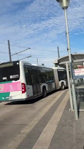 The video captures a street scene at what appears to be a public transportation hub. In the foreground, a sidewalk with a yellow line marking the edge leads to a paved area. To the left, a white and green bus with advertisements on its rear is parked, displaying the number 395 and a pink advertisement with text. Further left, a tram car, predominantly white with black windows and numerous advertisements, is stationary on tracks. The advertisements on the tram include text such as "www.ProPotsdam.de". Behind the bus and tram, a multi-story modern building with large windows is visible. To the right of the bus, a tram station shelter with a curved roof is present. A few people are seen walking or standing near the bus and tram, some appearing to wait. One person, a young boy wearing a green t-shirt and shorts, stands alone in the foreground, facing left, with his shadow cast on the ground. The sky above is blue with some scattered clouds, and electrical wires are strung overhead, typical of tram infrastructure. The overall atmosphere suggests a daytime scene in a city.