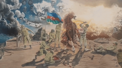 Azerbaijani military mural with soldiers, horse, and patriotic imagery