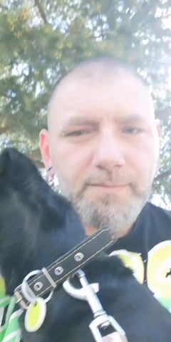 The video shows a selfie of a fair-skinned man with a shaved head, light beard, and an eyebrow piercing. He is wearing a black t-shirt with bright yellow and green patterns.  He holds a black and tan dachshund in front of him. The dog wears a black collar with a circular yellow tag.  The background shows blurry green foliage, suggesting an outdoor environment with trees. The man and the dog are looking into the camera. The man widens his eyes and raises his eyebrows.