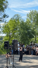 Female singer performs outdoor morning concert in Lovech, Bulgaria
