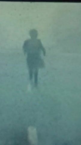 The video displays a blurry image of a person walking in what appears to be a snowy or foggy environment. The figure is seen from the front and is vaguely outlined, wearing what seems to be a coat or dress that extends to the knees, along with boots. The background and foreground are a uniform, light blue-gray, making it difficult to discern details, but there is a slight suggestion of a path underfoot. The figure's image is somewhat distorted, suggesting the conditions obscure the view.