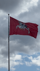 Lithuanian flag with horse rider waves in Vilnius square