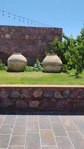 The video shows a courtyard with a stone wall and large clay pots. A string of lights hangs across the top of the frame. The ground is paved with large, square stones. There are trees and grass in the background. The sky is blue. The scene appears to be outdoors on a sunny day.