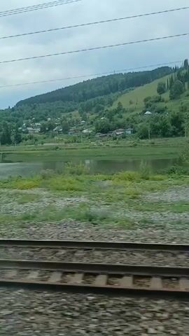 The video shows a view from a moving train. In the foreground, there are train tracks. In the middle ground, there is a body of water with some green vegetation along its banks. Beyond the water, there is a hill covered in trees and some houses scattered on its slopes. The sky is overcast. There is a utility pole with wires visible in the foreground. The camera is panning slightly to the right as the train moves forward.