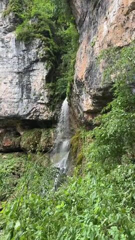 A tall, narrow waterfall cascades down a rocky cliff face. The cliff is composed of grey and orange layered rock, partially covered in moss and green vegetation. Lush green foliage and trees are visible in the foreground, obscuring the base of the waterfall. The water falls with a gentle spray, creating a misty effect. The overall scene depicts a natural, serene environment.