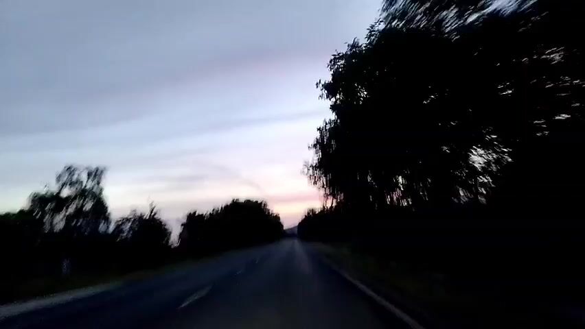 The video shows a first-person view of driving down a paved road at dusk. The sky is a soft gradient of purple, pink, and blue, with a few wispy clouds. Dark silhouettes of trees line both sides of the road, creating a tunnel effect. The road itself is dark asphalt with a white line marking the center and the edge. The movement of the trees suggests the vehicle is in motion. There are no visible people or other vehicles in the frame. The overall atmosphere is serene and tranquil.