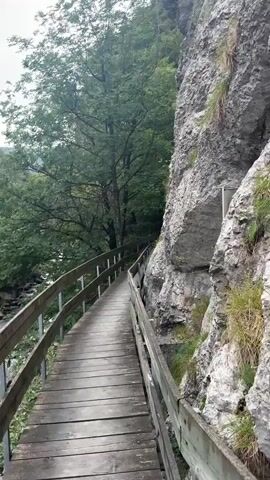 A wooden boardwalk with a wooden railing extends into the distance, curving to the right. To the left of the boardwalk is a stream with rocks. To the right of the boardwalk is a sheer, gray rock face covered in patches of green grass and vegetation. Tall green trees grow in the background. The sky appears overcast.
