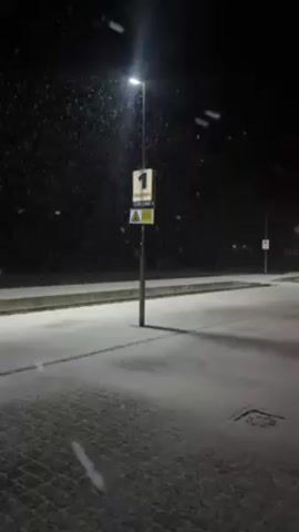 The scene is a street at night, covered in snow. A street lamp illuminates the area, highlighting the falling snow. The ground is covered in a layer of snow, and a signpost stands beside the road.