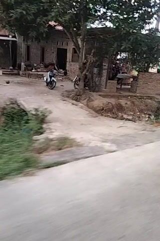 A vertical video shows a blurry, off-road path with some overgrown vegetation and debris on the right side. In the background, there are trees and some small buildings with palm trees scattered around. A sign in the background reads "KANTOR PEMASARAN GRAND AZALEA RESIDENCE." There is also a flag that is partially visible. The video appears to be filmed from a moving vehicle, possibly a motorcycle, as evidenced by the shaky camera movement and the perspective. The lighting suggests it is daytime, possibly overcast.