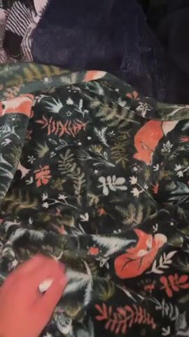 A person's hand with a bracelet is resting on a blanket with a fox and foliage pattern. The blanket is partially covering a dark-colored dog that is curled up and sleeping. The dog is lying on its side with its head tucked in and its paws crossed. The background is dark and appears to be a bed or couch with other blankets. The lighting is dim.
