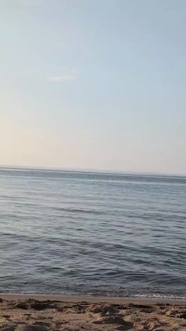 The video is a vertical, static shot of a calm ocean from the perspective of a sandy beach. The water is a light blue-gray with gentle ripples. The sky is a pale blue with a hint of haze near the horizon. The foreground shows the edge of a sandy beach with some debris. The scene is peaceful and serene. There are no people, animals, or man-made objects visible in the frame.