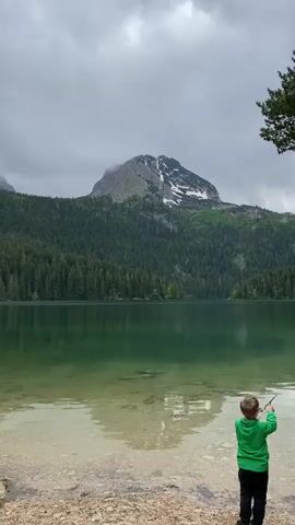 The video shows a picturesque mountain lake scene. In the foreground, a young child, wearing a green hoodie and dark pants, stands on the pebbly shore, facing away from the camera and looking out at the water. The child holds a thin stick in their hands. The clear, green-tinged water of the lake gently laps at the shore, revealing stones and pebbles beneath the surface.

Across the lake, a dense forest of evergreen trees covers the lower slopes of a prominent mountain. The mountain peak, partially visible through cloudy skies, has patches of snow. The reflection of the mountain and trees is visible on the calm surface of the lake. The sky is overcast, suggesting a cloudy day. Briefly, the top of another person's head with dark hair appears in the bottom right corner of the frame. The overall atmosphere is tranquil and natural, located in what appears to be a national park or wilderness area, specifically Pitomine, Montenegro.