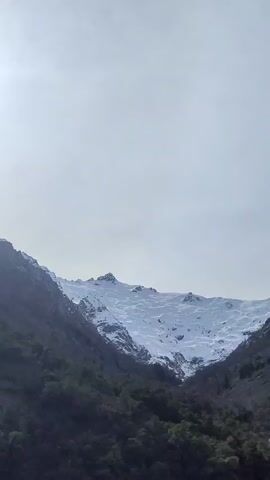 The video pans across a mountainous landscape with a prominent glacier visible. The lower slopes are covered in dark green trees, and the sky is overcast. The camera moves from left to right, revealing different angles of the mountains and the glacier, with the glacier appearing to fill a valley between two rocky, tree-covered slopes. The lighting suggests it is daytime.