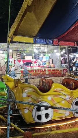 This video shows a nighttime amusement park scene in Sambirata, Indonesia. The camera is tilted, giving a sideways perspective of a carnival ride with brightly colored vehicles, primarily green and yellow, designed to resemble cartoonish animals with large eyes. Several people are visible, some seated on the ride and others standing or walking nearby. The atmosphere appears to be lively and festive, with multiple lights illuminating the area and casting a warm glow. The ground is covered in dry grass and dirt, typical of an outdoor event space. The overall impression is one of a community gathering or a local fair.

A banner is visible in the background with red and yellow lettering. While the text is partially obscured and blurry, it appears to be in Indonesian. Part of the text that is readable includes "Sambirata" and "Teks". Other details visible include tarpaulin coverings, metal structures for the ride, and various other carnival stalls or attractions in the distance. The time of day is clearly night, indicated by the darkness surrounding the illuminated fairground. The weather appears to be clear. The people in the video seem engaged and relaxed, enjoying the amusement park experience.