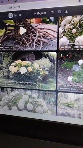 The video shows a computer screen displaying a collage of garden-related images and a video preview. The images feature plants, flowers, and garden elements. One of the images is a video thumbnail with a play button. The computer screen is displayed on a laptop or desktop computer. The upper part of the screen shows a browser interface with tabs and a search bar. The overall scene is a casual setting, likely indoors, with the computer as the central focus.
