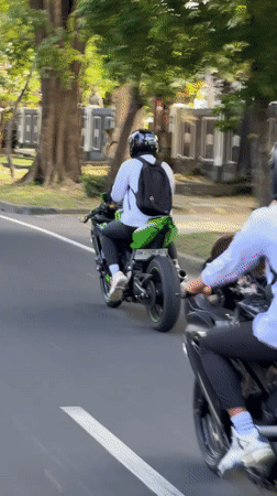 Two helmeted motorcyclists ride tree-lined street in Denpasar