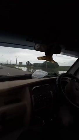 The video shows the interior of a vehicle from the perspective of the passenger. The dashboard is visible in the foreground, with a steering wheel on the right. A rear-view mirror hangs from the windshield, adorned with a decorative item. Through the windshield, a road stretches ahead, flanked by fields and trees. A body of water is visible to the right of the road. A few cars are seen in the distance on the road. The sky is overcast, suggesting a cloudy or rainy day. There are power lines and utility poles along the side of the road. A person's hands are visible on the steering wheel, indicating they are driving. The lighting is dim, possibly due to the weather or time of day.