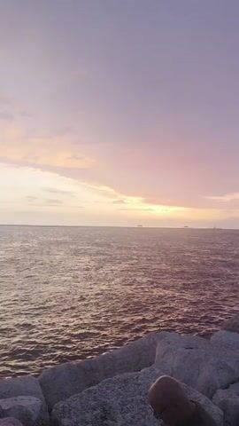 A video captures a calm ocean scene at sunset. The sky is painted with soft hues of pink and purple, with a few wispy clouds. The sun is low on the horizon, casting a gentle light across the water. Several ships are visible in the distance, silhouetted against the colorful sky. In the foreground, large rocks line the shore, with the shoulder and back of a person visible in the bottom right corner. The waves are small and gentle, creating a peaceful atmosphere.
