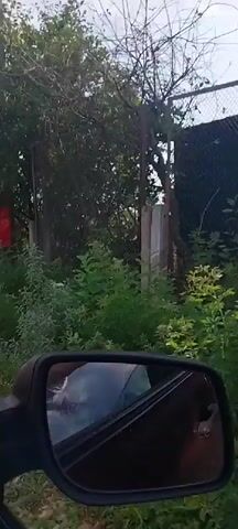 The video begins with a view from inside a vehicle, showing the side mirror. Reflected in the mirror is the passenger's arm and shoulder, wearing a light-colored shirt. Outside the vehicle, a red sign is visible attached to a pole, partially obscured by foliage. Trees and green vegetation line the side of a dirt road. The vehicle appears to be in motion, as the scene shifts to a wider view of the surroundings. The road is unpaved, with patches of gravel and reddish-brown dirt. The landscape is characterized by fields of tall grass, scattered bushes, and trees. The sky is bright with scattered clouds. The camera continues to capture the passing scenery, showing more open fields and distant trees. The video concludes with a view of the roadside vegetation and the continuing dirt path.