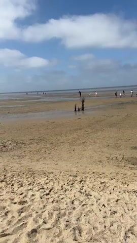 The video shows a wide, sandy beach with the tide out, revealing a vast expanse of wet sand and shallow pools of water. The sky is blue with scattered white clouds. Several people are visible in the distance, scattered across the beach and in the shallow water. Some are walking, while others appear to be engaged in activities like playing or kite flying. In the foreground, the sand is textured with footprints. There are a few wooden posts sticking out of the sand in the middle ground. The overall scene depicts a casual day at the beach with a low tide.