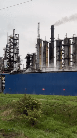 Industrial complex operates in Cherepovets, Russia on overcast day