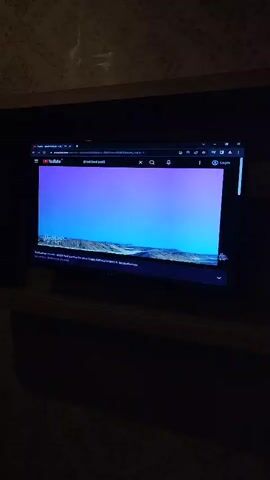 The video shows a room with patterned wallpaper. A television screen displays a YouTube video with a blue and purple gradient background and a landscape at the bottom. To the left of the TV, a speaker is mounted on the wall. Further to the left, a door is ajar, revealing a glimpse of another room. A trash can is visible near the door. On the right side of the frame, a person wearing black clothing is sitting on a brown leather couch, with their hand near their face.