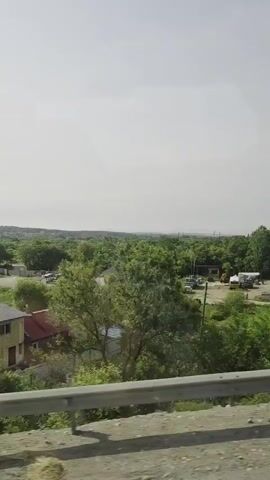 The video shows a view from a vehicle moving along a road. On the left side of the road, there are houses and trees. In the distance, there are more trees and hills. The sky is overcast. The video is shaky, indicating that the vehicle is in motion.