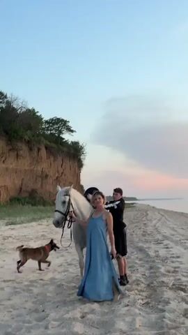 The video shows a young woman in a long blue dress standing on a beach next to a white horse. A young man stands behind her, near the horse's saddle. A brown dog runs around in the sand. The beach is sandy, and there's a cliff behind them to the left. The sky is a mix of blue, pink, and gray, suggesting it's either sunrise or sunset. The water is calm in the background. The woman holds the horse's reins.