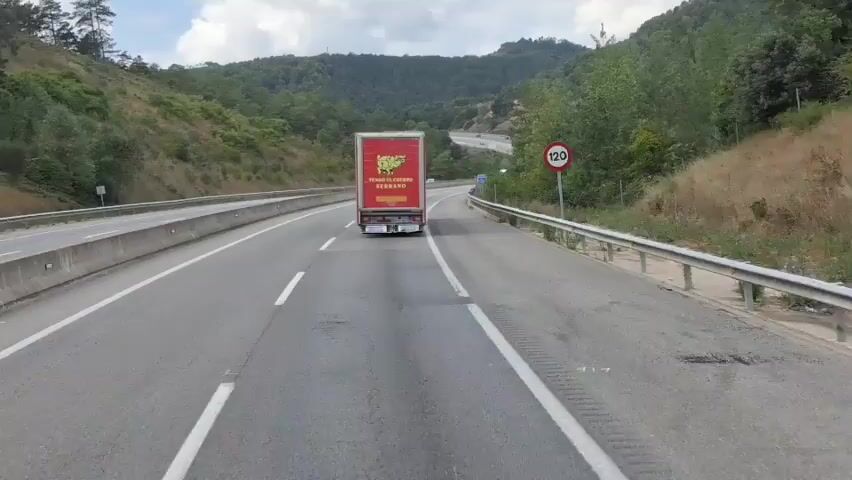 A truck with a red trailer featuring a yellow pig and text is driving on a highway. The truck is in the right lane, and there are other vehicles on the road. The highway is surrounded by green hills and trees. There are speed limit signs and highway markers visible. The camera is positioned behind the truck, appearing to be from another vehicle. The weather appears to be clear with some clouds.