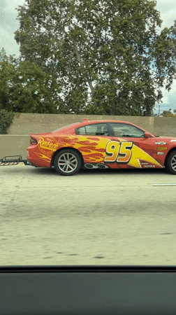 Lightning McQueen-themed Dodge Charger spotted on Los Angeles highway