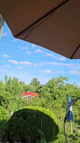 This media file captures a serene outdoor scene, likely from a patio or backyard, under the partial shade of a large, tan patio umbrella. The sky is a vibrant blue, dotted with fluffy white clouds, suggesting pleasant weather, possibly late morning or early afternoon. Lush green trees and dense foliage dominate the background, hinting at a natural or rural setting. In the middle ground, a red-roofed house is partially visible through the trees, and a striped umbrella leans against a dark curved object, perhaps a piece of outdoor furniture. Further to the right, a large industrial-style tank and some smaller green containers are visible, possibly indicating agricultural or industrial activity nearby. A rustic wooden building with a dark roof stands further in the distance, partially obscured by greenery. In the foreground, a dark wicker chair is partially visible, and a table holds several pots of vibrant pink and red flowers, adding a touch of color and domesticity to the scene. The overall impression is one of a peaceful, summery day in a semi-rural location. There is no visible text in this media file.