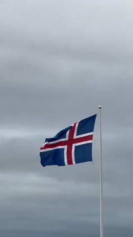 The video shows an Icelandic flag waving in the wind. The flag is blue with a white-bordered red Nordic cross. The sky behind the flag is overcast and grey. The flagpole is white.