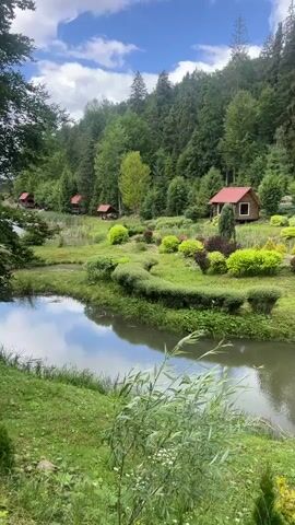 The video pans across a tranquil landscape featuring a calm body of water in the foreground, reflecting a cloudy sky. The water is bordered by lush green grass. Beyond the water, the scene transitions to a manicured garden area with various shrubs and small trees, some with dark red foliage and others with vibrant green leaves. Several small, rustic wooden cabins with red roofs are nestled among the trees on a gentle slope. The background is dominated by a dense forest of tall green trees, suggesting a natural and secluded environment. The lighting indicates it is daytime.