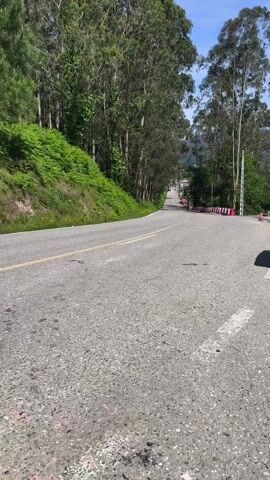 The video shows a paved road stretching into the distance, ascending slightly over a hill. The road has a yellow line indicating the center, and a white line on the right side marking the edge. The road's surface is textured with visible aggregate. The left side of the road is bordered by a green hillside covered with vegetation and trees. The right side of the road is lined with tall trees, and the sky is blue with some visible clouds. Near the top of the hill, there are red and white traffic barriers and at least one traffic cone visible. The camera remains static throughout the video.